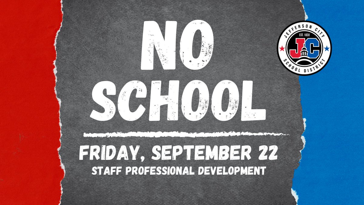 JCSchools_'s tweet photo. No school for students on Friday, September 22 for a staff professional development day. Classes will resume on Monday, September 25. Check out the 2023-2024 student calendar at https://t.co/SOGUd2hhBc #WeAreJCSchools #JCSchoolsChampions https://t.co/SIpEA8p4tY