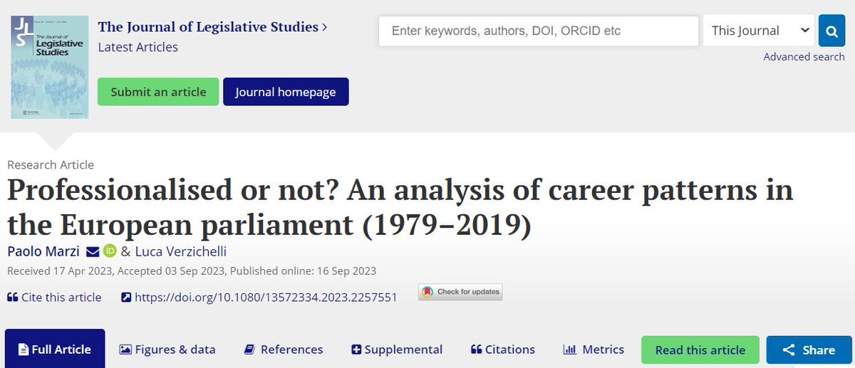 💥Just out in The Journal of Legislative Studies💥 Thrilled to share my latest article with @LucaVerzichelli ‘Professionalised or not? An analysis of career patterns in the European parliament (1979–2019)’ Full article here: tandfonline.com/doi/full/10.10… Quick 🧵 below. 1/6
