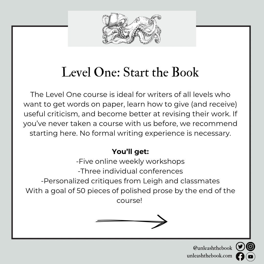 BookUnleash's tweet photo. At Unleash The Book, we offer two distinct online courses for writers at various stages: Level One and Level Two. Check out all the information about each course, plus sign up for our winter course starting January 22nd! https://t.co/fRdy1efBxn https://t.co/8uPg0znaay