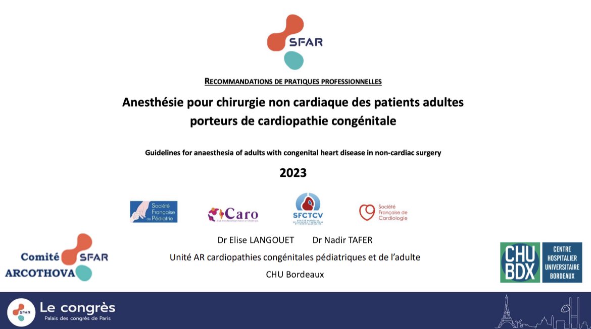 J-2 de la présentation des premières recos sur l’anesthésie des GUCH en chirurgie non cardiaque @SFAR_ORG @OJBoyau @KNouette @arcothova @FCPC_France @Mag_Ladouceur @CHUBordeaux @mo_fischer1 @CoursonHugues @Pascal_Amedro @jbthambo @elise_langouet @ancc @AJARFrance @Lesliensducoeur