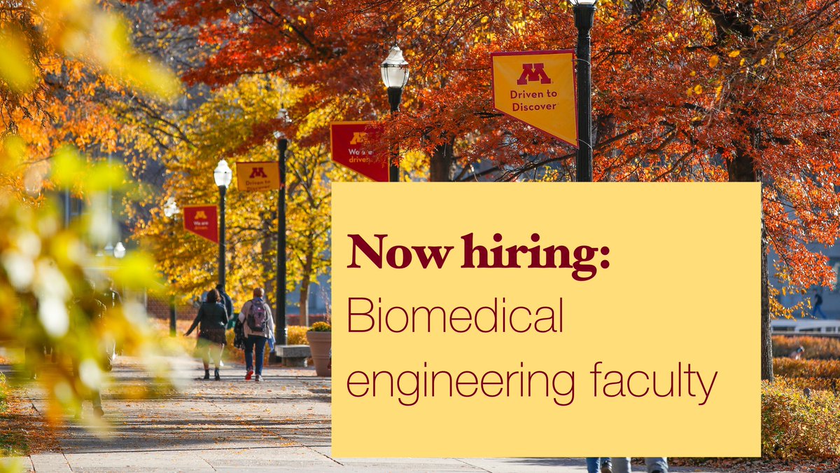 📢 FACULTY JOB ALERT:
Now inviting applications for tenure-track or tenured biomedical engineering positions (open rank), depending upon applicant qualifications. 

View posting and apply: z.umn.edu/bme-faculty-jo…

#facultyjobs #academicjobs <a href="/UMNCSE/">College of Sci & Eng</a>