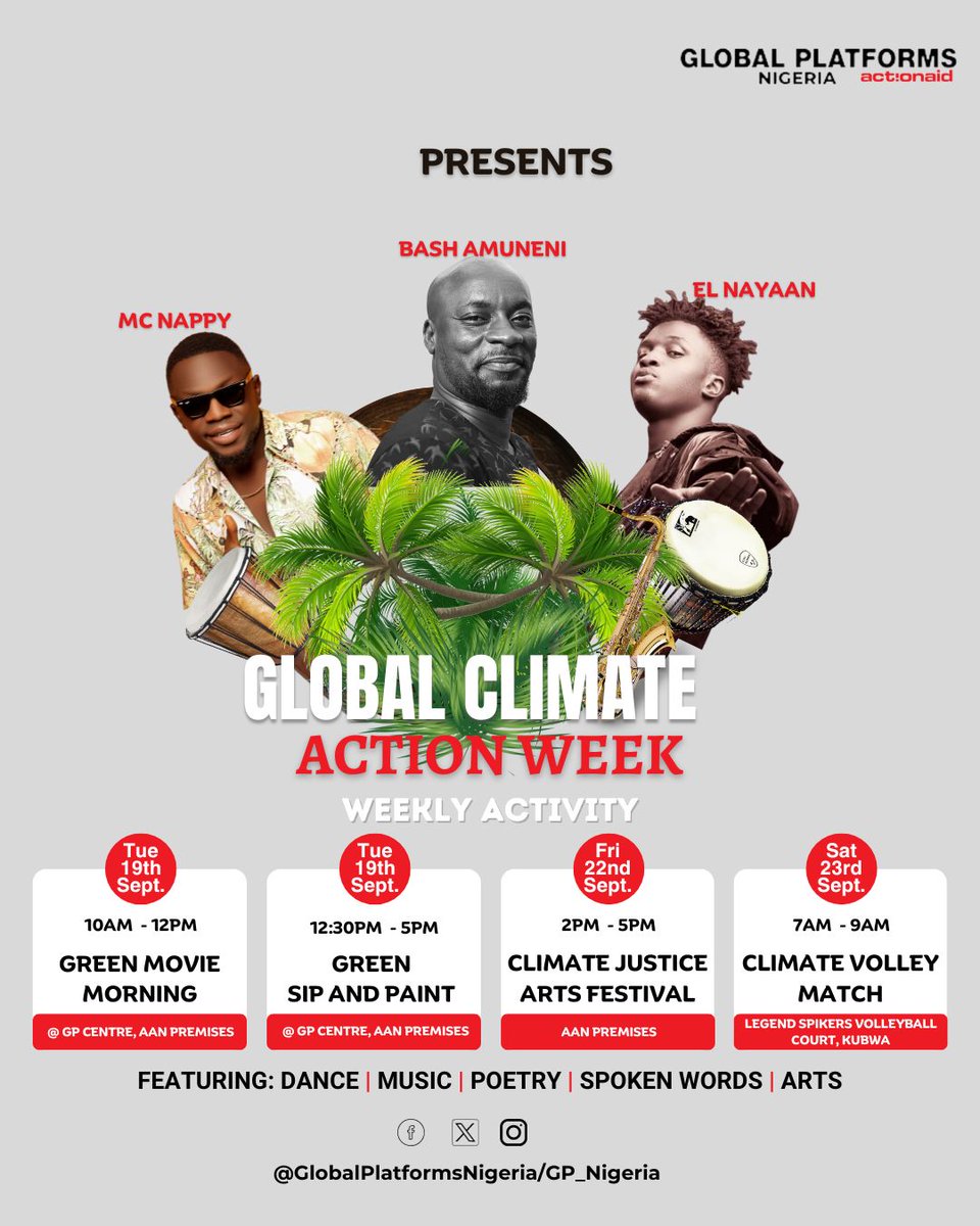 The Global Climate Action Week is packed with lots of activities to amplify the voices of young people towards Climate Justice and Climate Action.

#globalweekofclimateactions
#Globalplatforms
#ClimateAction
#ClimateActionNow
#FundOurFuture