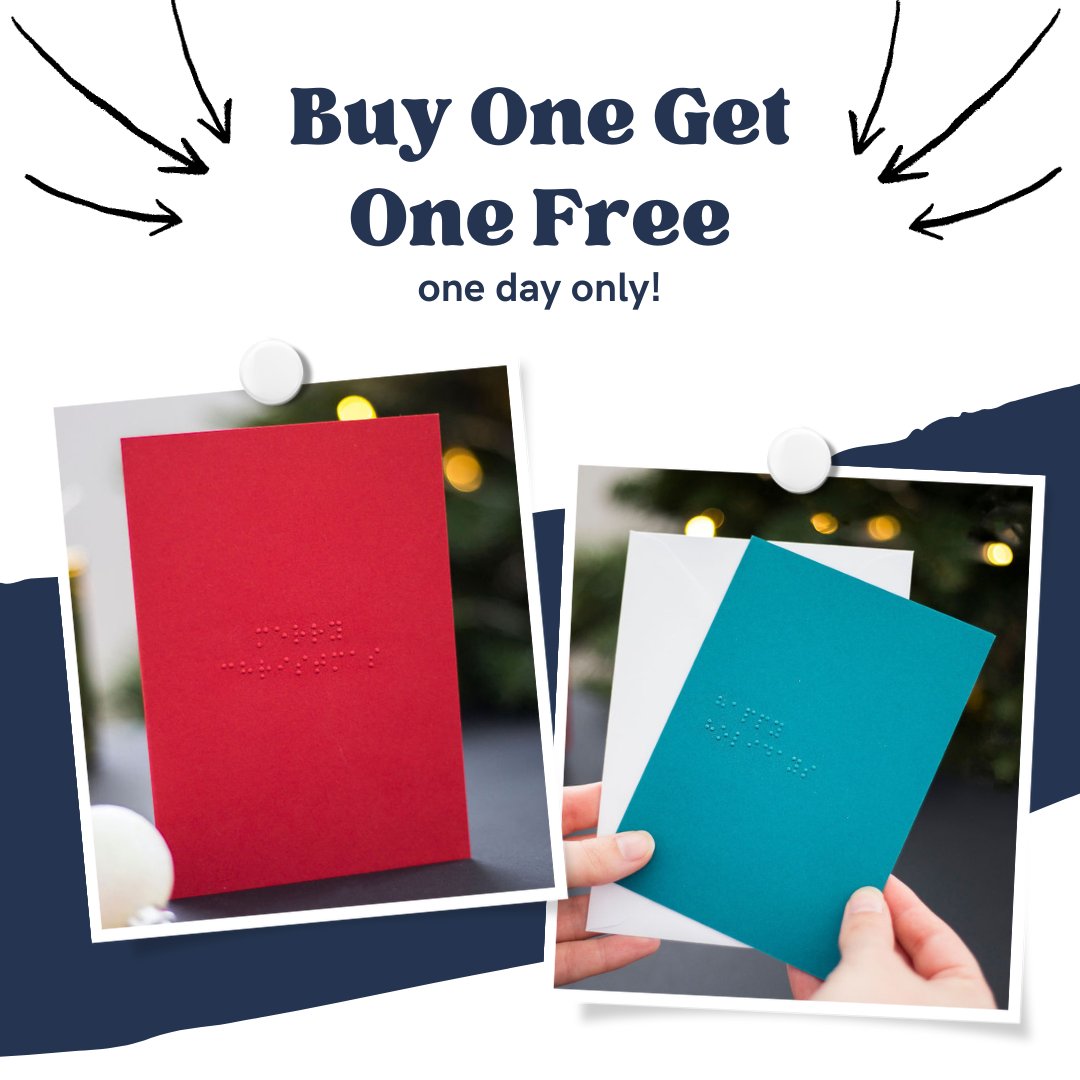 One day only! To celebrate my #SmallBiz100 day, I am offering a never to be repeated, buy one get one free offer on all my braille greetings cards!

Use code SMALLBIZ100 at checkout.

Order from my website: dottyaboutbraille.com or Etsy dottyaboutbraille.etsy.com
