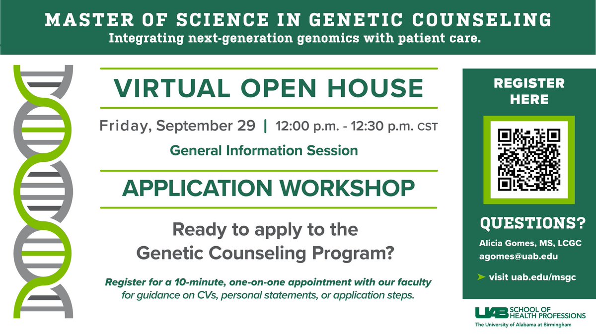 Exciting opportunity next week for undergraduate students considering applying to the program! Learn more about the GC program and meet with faculty one-on-one! Please use the link provided below or scan the QR code to register:

uab.co1.qualtrics.com/jfe/form/SV_6o…