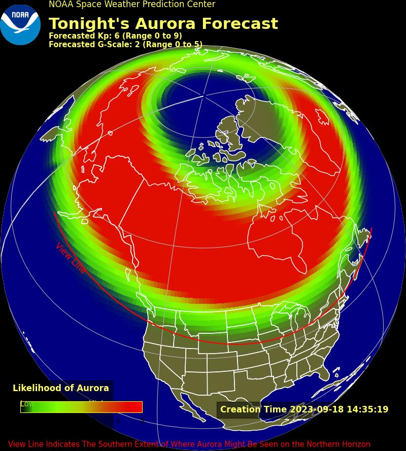 NOW: Set your alarm for 3AM in Minnesota and you may be up for a treat. MPR's @svensundgaard says early morning, maybe about 4 AM, might be the peak viewing time for the aurora borealis tomorrow. (NOAA experimental forecast image below.)