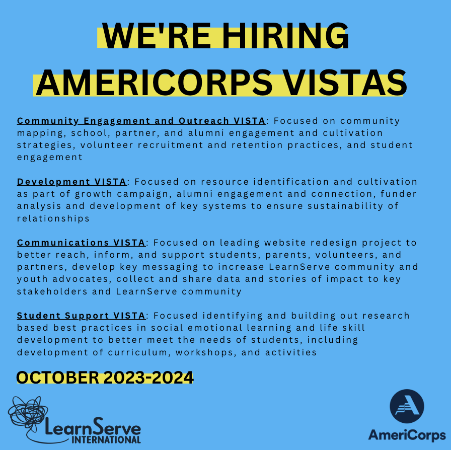 LearnServe Int'l (@learnserve) on Twitter photo We are currently accepting applications for four new <a href="/AmeriCorpsVISTA/">AmeriCorps VISTA</a> s! This is a year long position starting in October, with a hybrid work schedule in Washington, DC.
We can't wait to meet you! Learn more and apply here: learn-serve.org/about/join-us/
#hiringnow #dcjobs We are currently accepting applications for four new <a href="/AmeriCorpsVISTA/">AmeriCorps VISTA</a> s! This is a year long position starting in October, with a hybrid work schedule in Washington, DC.
We can't wait to meet you! Learn more and apply here: learn-serve.org/about/join-us/
#hiringnow #dcjobs