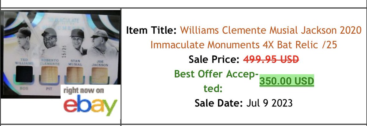 JPetersen713's tweet photo. @PEDBreaks 2020 Immaculate Monuments Quad relic Ted Williams/Roberto Clemente/Stan Musial/Joe Jackson #\d 1/25

Only recent comp attached at $350, take mine for $310 https://t.co/bbLIzHjdxe