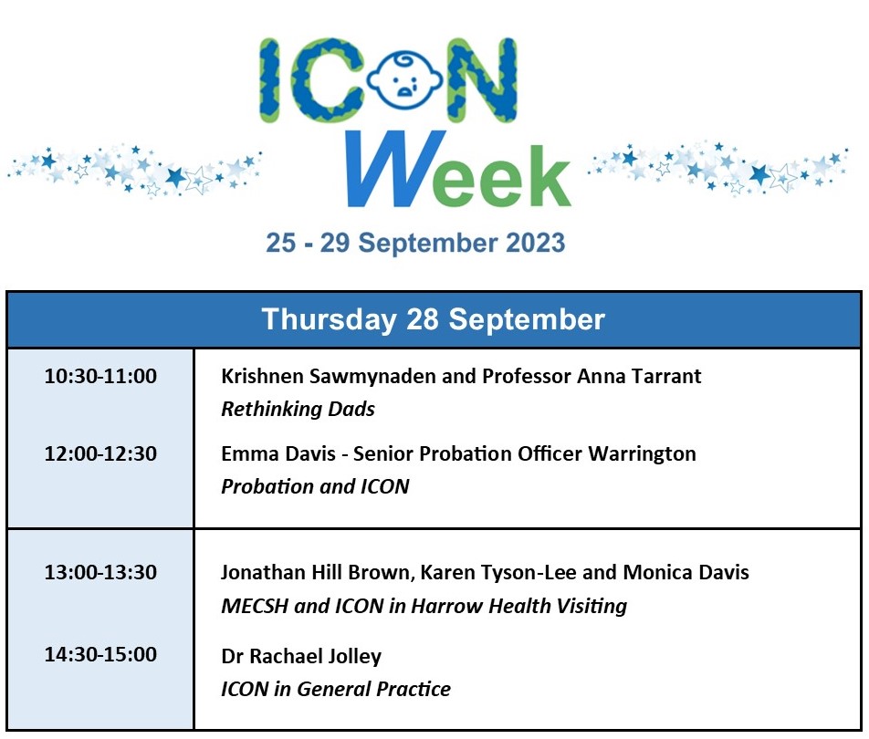 Welcome to Thursday’s programme! Today our FREE Webinars include presentations from General Practice, Probation Services, MECSH Health Visiting, and speakers from a funded project on ’Rethinking Dads’. Please join us if you can, on this link: iconcope.org/webinar-iconwe… @JaneScatt