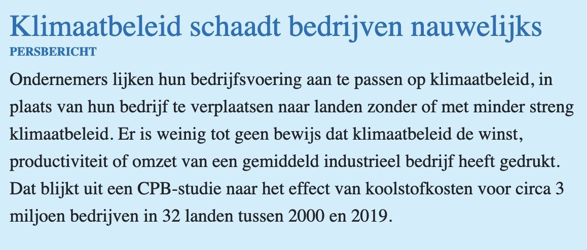 Bedrijven dreigen dat ze opstappen als Nederland de kosten van CO2-uitstoot te hoog maakt. Wereldwijd onderzoek van het Centraal Plan Bureau laat zien dat dit loze dreigementen zijn: bedrijven stappen niet op en gaan ook niet failliet door CO2-maatregelen. cpb.nl/koolstofkosten…