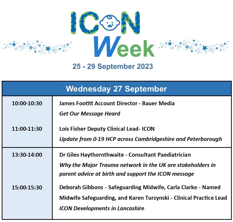 ICON (@icon_cope) on Twitter photo Welcome to Wednesday’s programme! Today our FREE Webinars include presentations from Paediatrics, Safeguarding, 0-19 Children’s Services. and Bauer Media on how digital radio is helping to promote ICON. Please join us on this link:
iconcope.org/webinar-iconwe…
#dadsmatter <a href="/JaneScatt/">Jane Scattergood QN HonMFPH RN</a> Welcome to Wednesday’s programme! Today our FREE Webinars include presentations from Paediatrics, Safeguarding, 0-19 Children’s Services. and Bauer Media on how digital radio is helping to promote ICON. Please join us on this link:
iconcope.org/webinar-iconwe…
#dadsmatter <a href="/JaneScatt/">Jane Scattergood QN HonMFPH RN</a>
