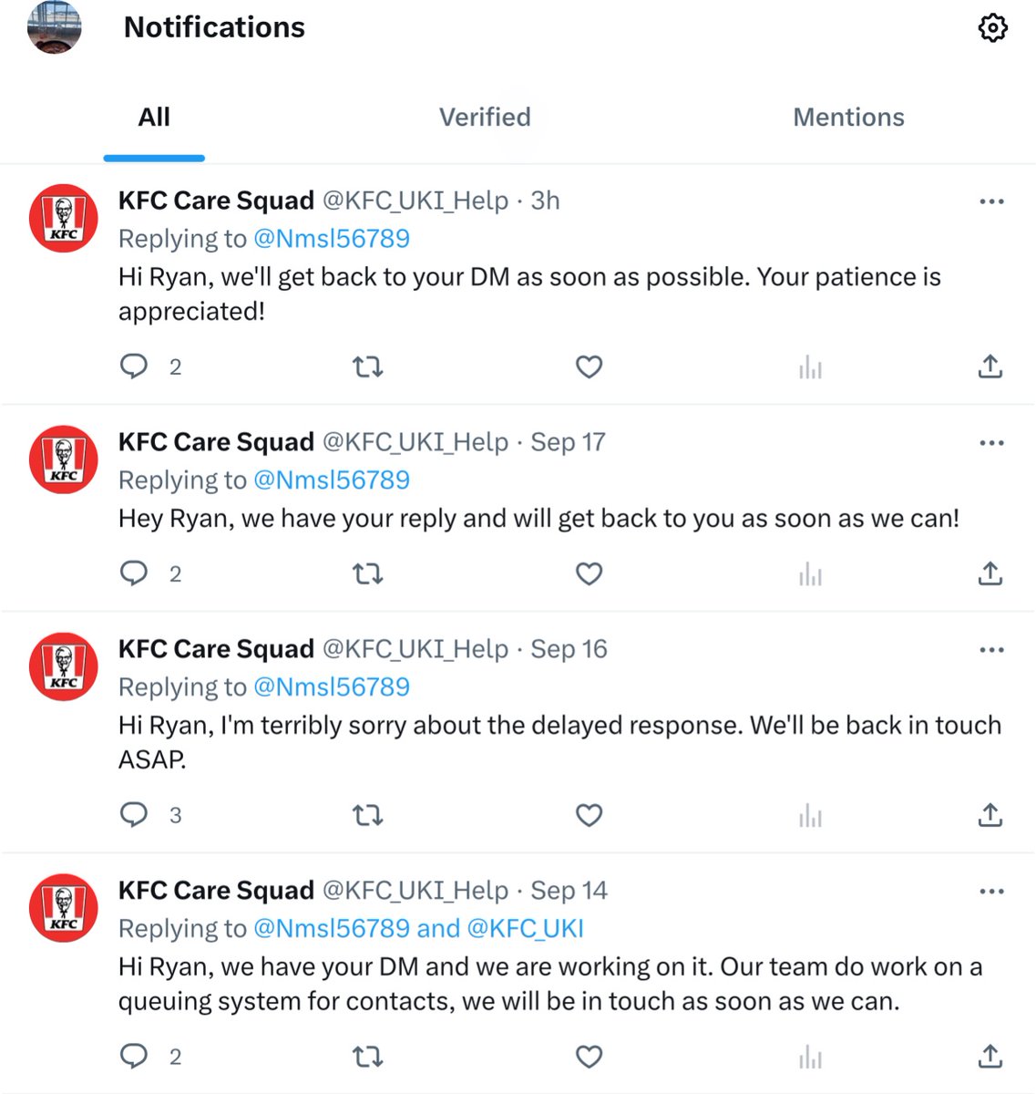Nmsl56789's tweet photo. @KFC_UKI_Help stop lying to people ! A message someone comment on twitte ryou respond them in 1 hour but when I dm I don’t get any reply on 90 hours plus you mentioned it’s a queue system so someone jump the queue ? https://t.co/vaMaA2hAy1