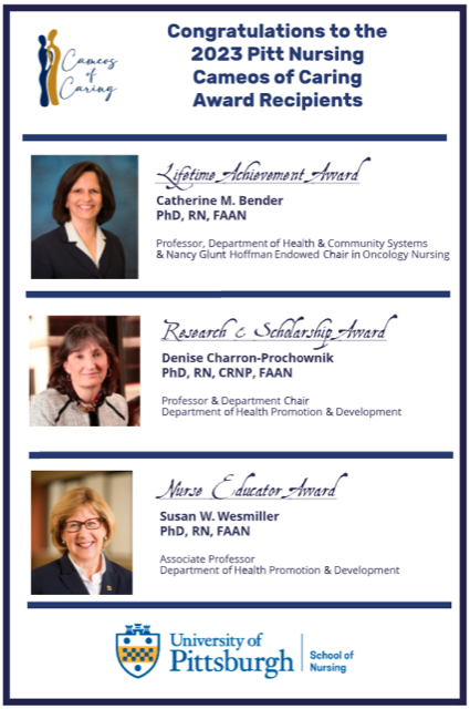 SarahMBelcher's tweet photo. Congratulations to our @UPittNursing faculty members on their Cameos of Caring awards. A special congrats to Dr. Cathy Bender on her Lifetime Achievement Award, a well deserved recognition of her impressive and impactful career! https://t.co/Vu0YyiaKMX