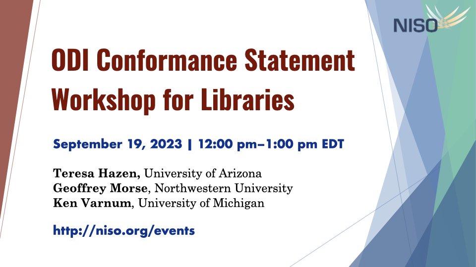Tomorrow: join us for a free workshop on the #OpenDiscovery Initiative Conformance Statement for #Libraries (Sept. 19 12:00–1:00 pm EDT)! Members of our standing committee will offer tips on how to approach each area of conformance &amp; create an action plan: niso.org/events/fall-20…