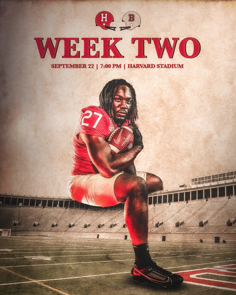 HarvardFootball's tweet photo. 𝙎𝙩𝙖𝙮 𝙃𝙪𝙣𝙜𝙧𝙮. 𝙎𝙩𝙖𝙮 𝙃𝙪𝙢𝙗𝙡𝙚. 👊

Week 2 ➡️ We've got our Ivy League opener for #FridayNightCrimson!

🆚 Brown
🏟️ Harvard Stadium
📆 Sept. 22, 7 PM
📺 ESPN+
🎟️ https://t.co/lGQuSpBebJ

#GoCrimson #OneCrimson https://t.co/tkomhHoE51