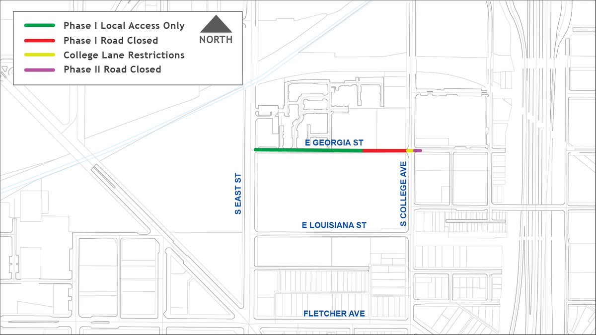 citizensenergy's tweet photo. As Citizens Energy Group continues its water system improvements, upcoming work will result in 2 - 2 week closures of Georgia St. the first to the west of College Ave. (Phase I) and the second to the west (Phase II).
(1 of 3) https://t.co/w0Am65F0At