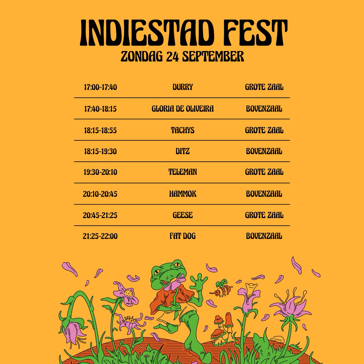 Dit is de timetable voor ons eigen INDIESTAD FEST deze zondag! Zorg dat je om 5 uur bij <a href="/Durrymusic/">Durry</a> vooraan staat en om 10 uur weer tevreden en bezweet na <a href="/fatdog_fatdog/">Fat Dog</a>  de zaal verlaat. Zie je zondag!🔥