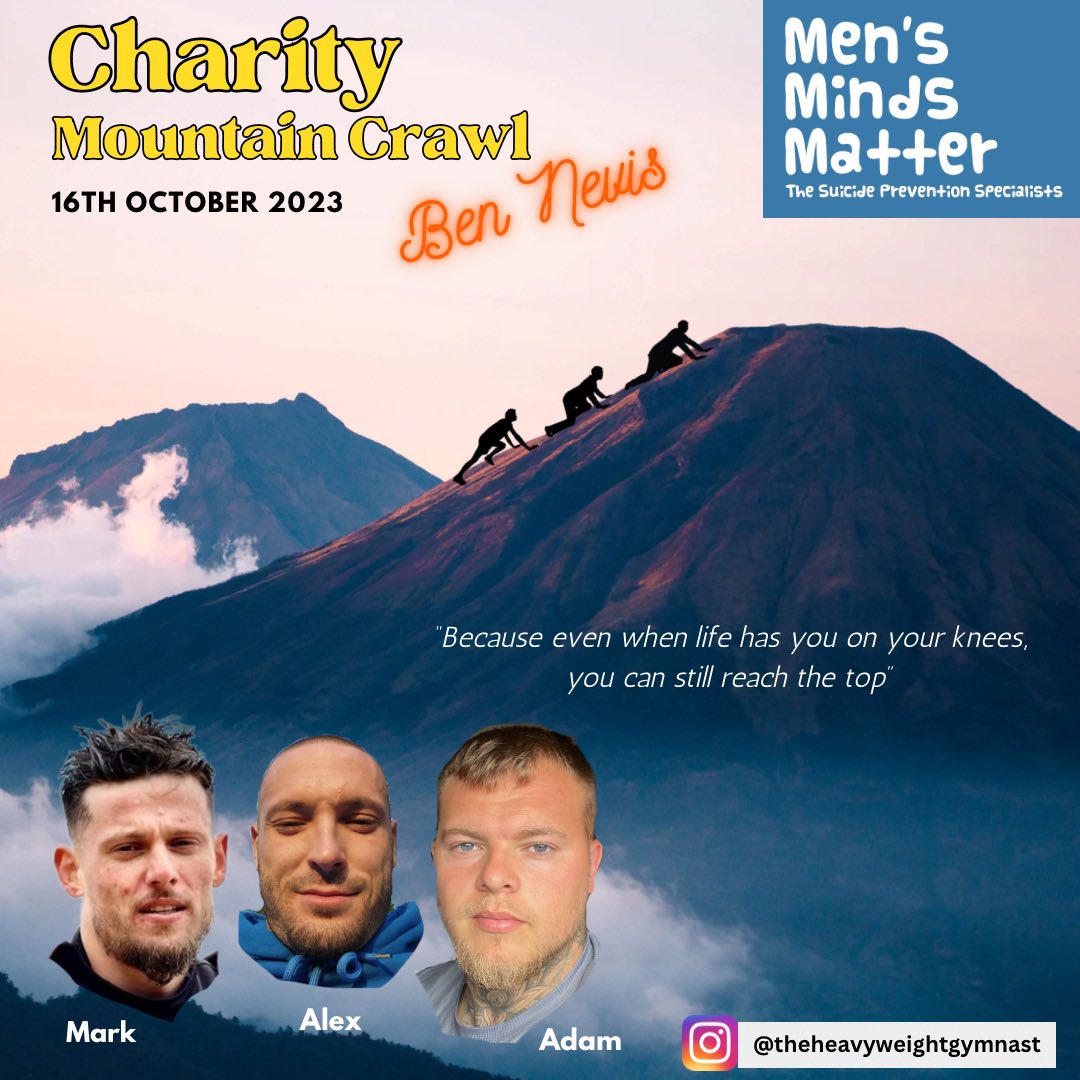 AlanD2994's tweet photo. In October we’ll be crawling Ben Nevis on our hands and knees to raise awareness for Male suicide prevention. 

We hope it will encourage more men to speak out when they’re not feeling themselves. 

We’d be extremely grateful if you could read the link. 

https://t.co/y83ynFaDBO https://t.co/8WYhF2v0FU