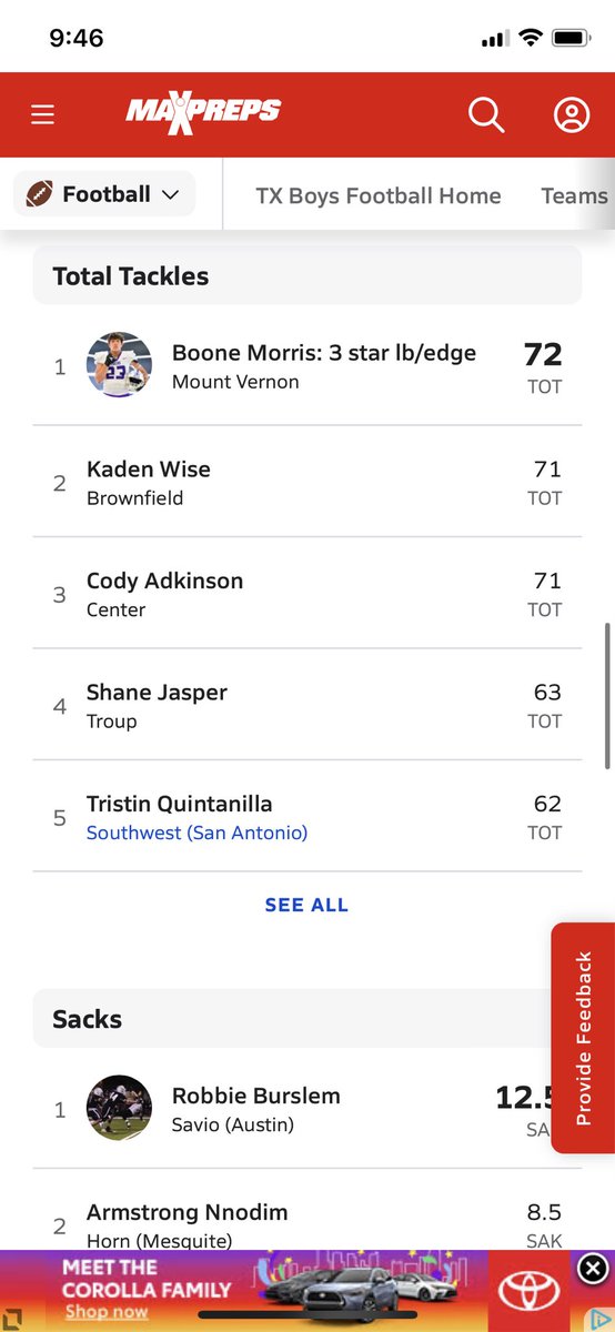 Thankful and blessed to be at the top of the TX leaderboard for tackles 🥇 <a href="/MaxPreps/">MaxPreps</a> <a href="/dctf/">Dave Campbell's — TexasFootball.com</a> <a href="/BrianDohn247/">BrianDohn247</a> @On3Recruits <a href="/Bdrumm_Rivals/">Brandon Drumm</a>