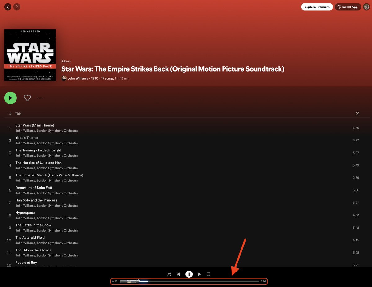 Just noticed that when you play a #StarWars song on <a href="/Spotify/">Spotify</a>, the now playing bar changes to a lightsaber! It's the little things.
