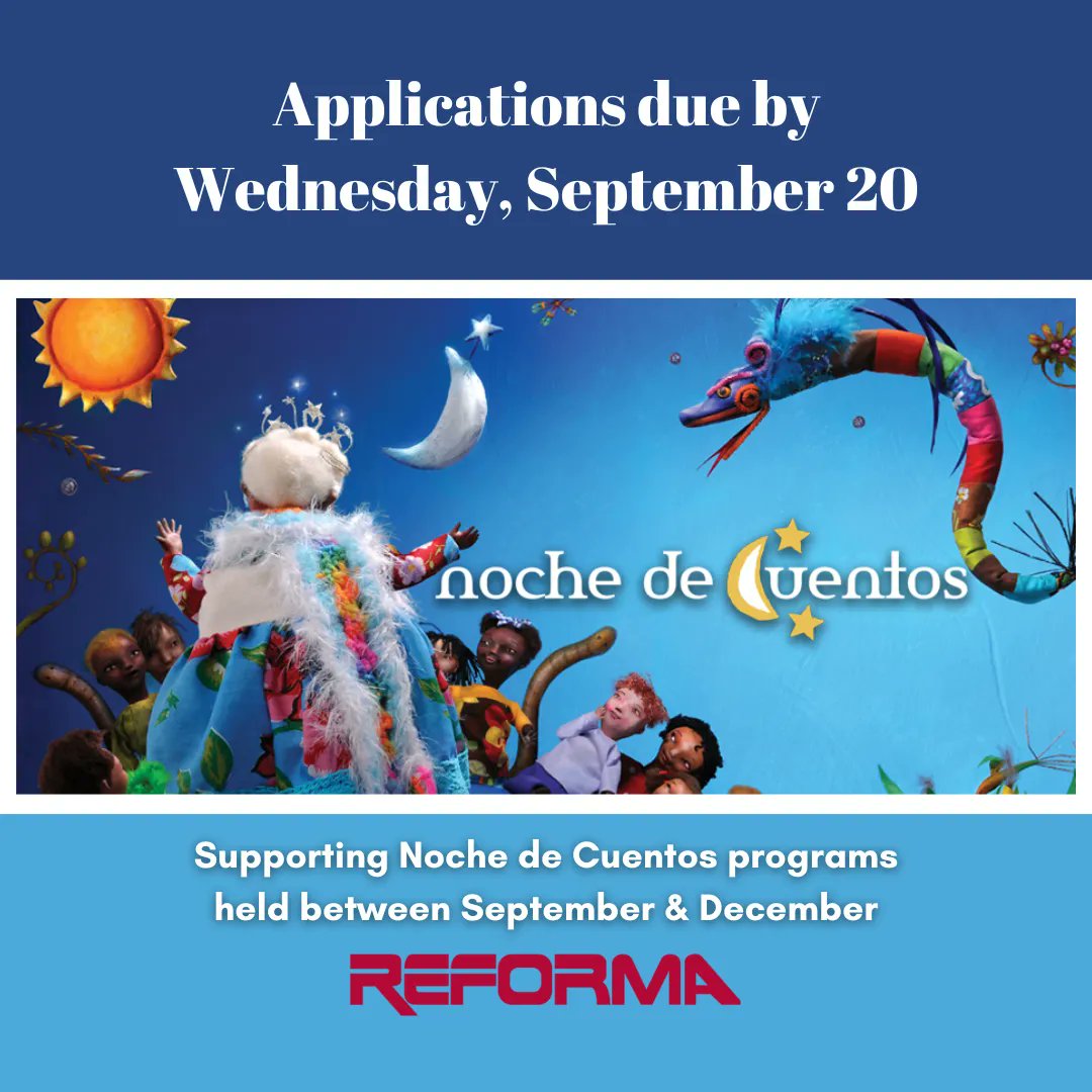 Only ✌️ DAYS left to apply! This year @reformanational will award up to 🌟10 mini-grants of $500🌟 to support Noche de Cuentos programs between the months of September and December 🥳 Submit a proposal by September 20, 2023 ➡️ reforma.org/noche-grants