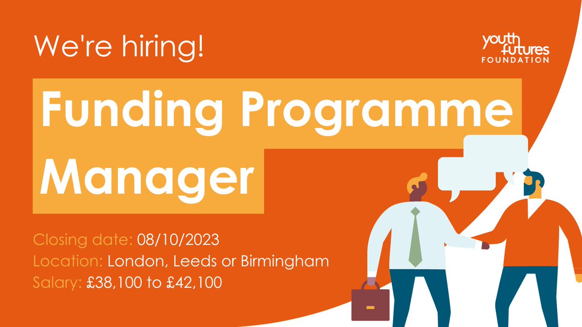 We are hiring! Funding Programme Manager.

💳Managing effective and impactful, new and existing funding programmes
💷Build on our innovative, transparent and fair grant-making
💵Deliver new grant programmes

Interested? Learn more and apply ⬇️
youthfuturesfoundation.org/vacancy/fundin…