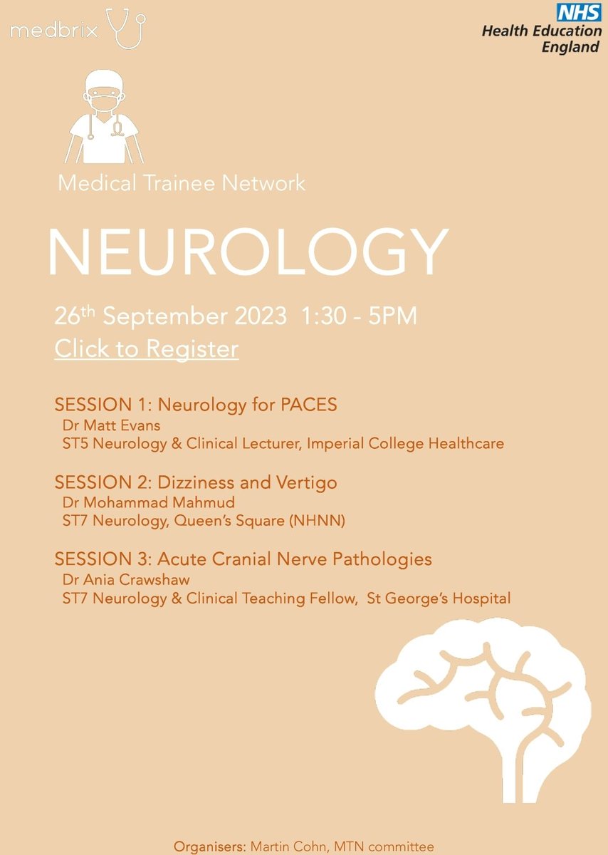 Calling all IMT Trainees! 

You're Cord-ially invited to the first MTN session of the year *
Neurology on 26th September starting at 13:30. 

Learn how to stop checking reflexes with your stethescope and register here: us02web.zoom.us/webinar/regist…

#neurology #MedEd #MedTwitter