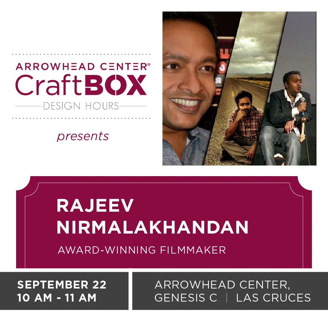 ATI_Arrowhead's tweet photo. Don’t miss our #CraftboxDesignHours this Friday! Hear from Rajeev Nirmalakhandan on his experience in #filmmaking and #animation, trials that have led to successes, and a Q&A for those in the creative field of film and commercial work. https://t.co/WYo4Z1V8ku