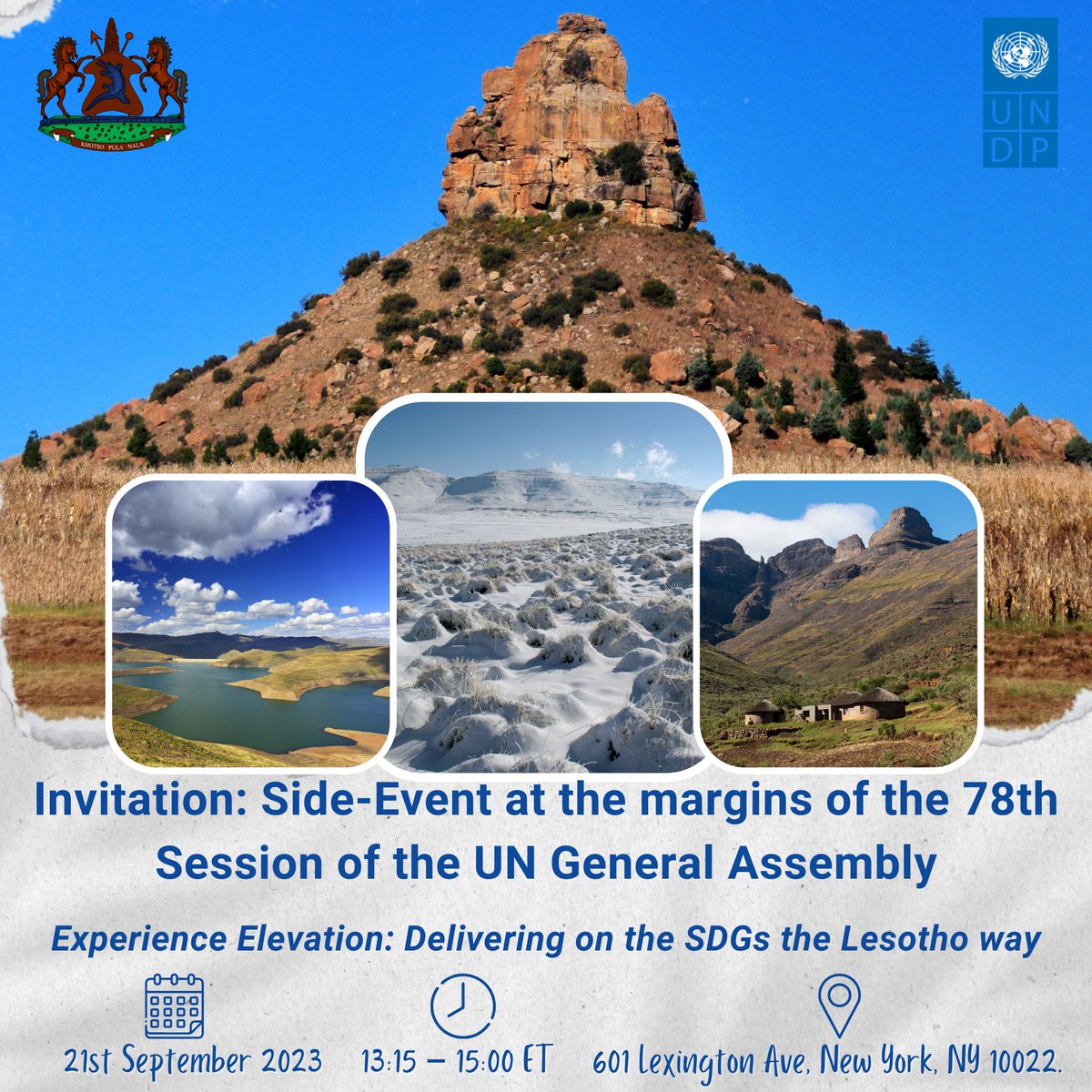 UNDPAccLabs's tweet photo. Next stop "Experience Elevation: Delivering on the SDGs the Lesotho way" Join @UNDPLesotho &amp; its #AccLab as they unveil a digital compendium of economic treasures &amp; investment opportunities in Lesotho

🗓️Sept 21 13:15-1500 ET
📍601 Lexington Ave New York
👉https://t.co/2j73ocg1sE https://t.co/o31I3l4kEI