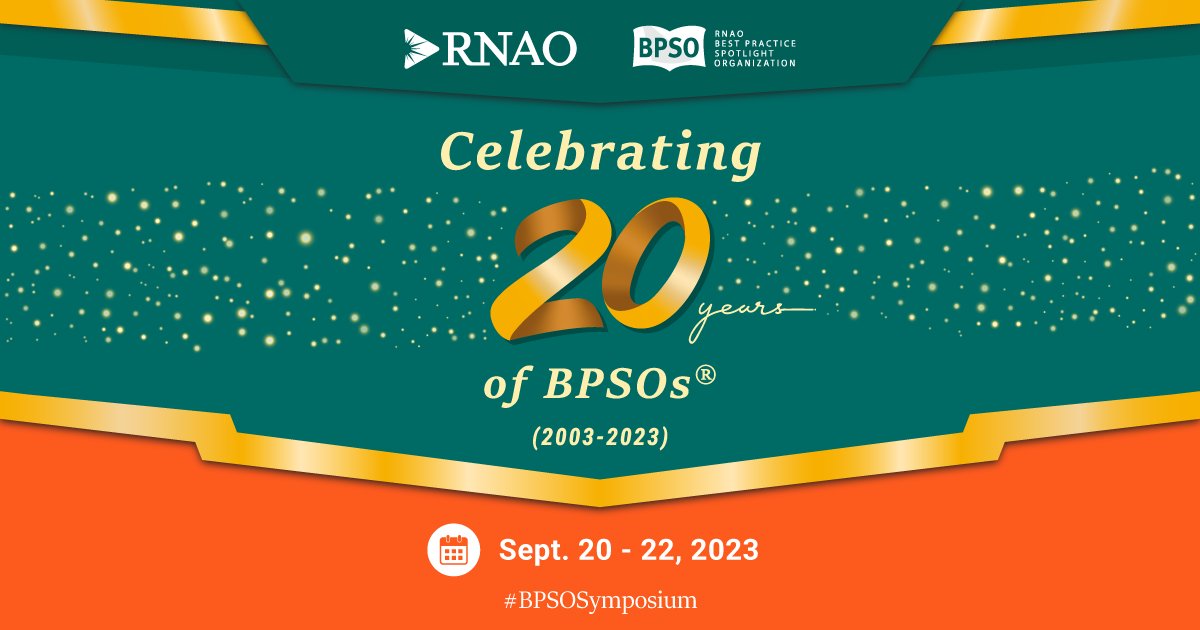 RNAO's tweet photo. RNAO's 18th Annual BPSO Knowledge Exchange Symposium is happening in person at the @HiltonToronto from Sept. 20– 22, 2023. #BPSOSymposium

The celebrations this year include the BPSO designation program's 20th anniversary.🎉🥳

➡️Learn more: https://t.co/oKaUbanLl0 https://t.co/7kW2bPHh32