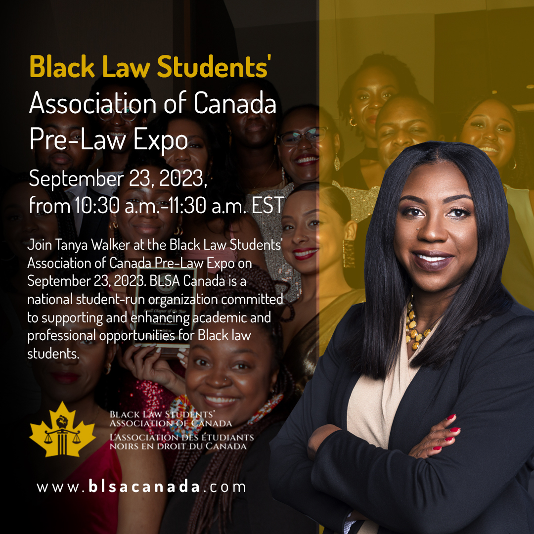 Join <a href="/Tanya_Walkerlaw/">Tanya Walker</a> on September 23, 2023, at the <a href="/blsacanada/">BLSA Canada</a> (BLSA) Pre-Law Expo.  This is an excellent opportunity to network with lawyers, judges and students from across Canada. The link to register is here: torontomu.ca/law/news-event…