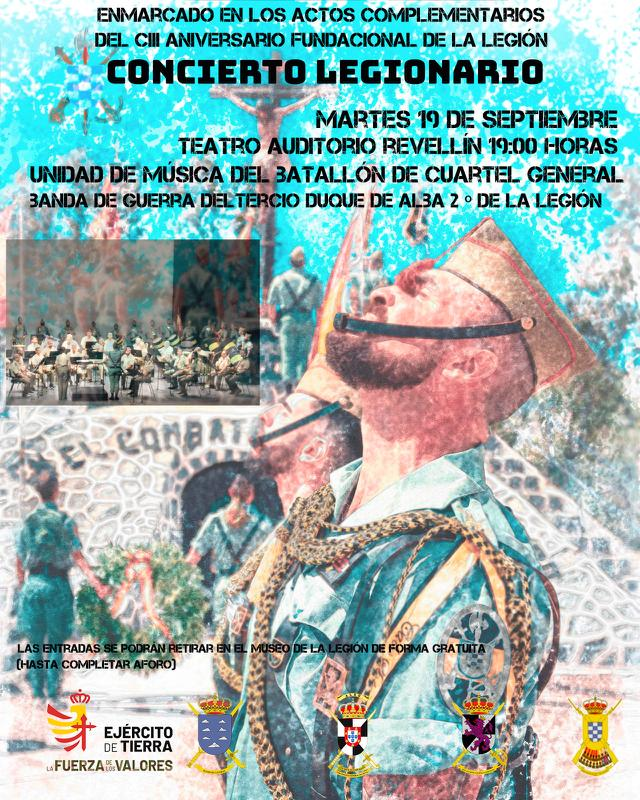 PlataformaMill1's tweet photo. Mañana, 19 de septiembre de 2023 a las 19:00 horas, con motivo del #CIII Aniversario Fundacional de #LaLegión", tendrá lugar un concierto en el Teatro Auditorio Revellín de #Ceuta, con la Unidad de Música del #BONCG y la Banda de Guerra del II #Tercio "Duque de Alba". https://t.co/2hWU36V9ia
