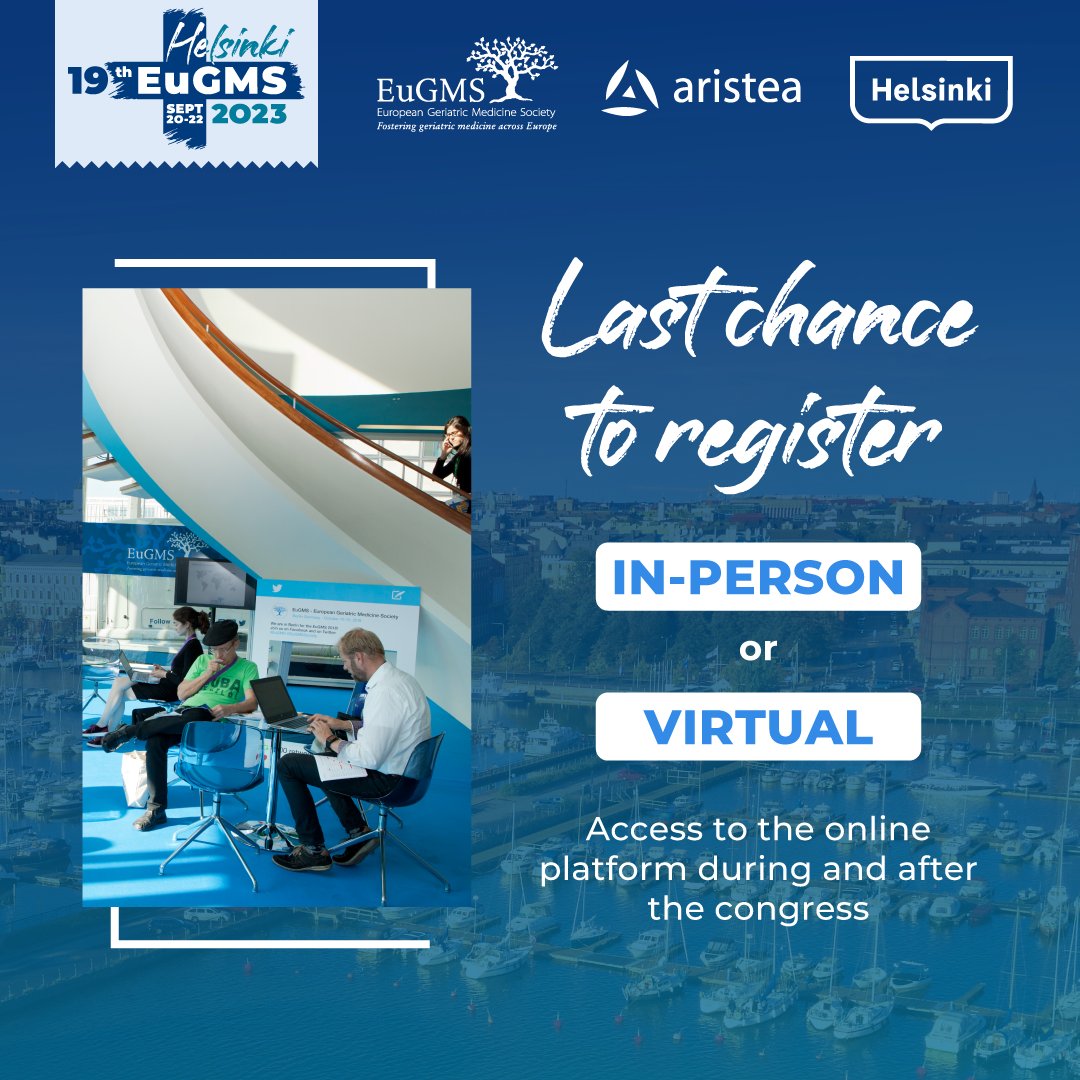 EuGMSSociety's tweet image. ⏰ We’re 2 days away from the #eugmshelsinki2023 Hybrid Congress!
This is your last chance to register: bit.ly/3N1McT2
📍 Meet us at the Messukeskus, 00520 Helsinki OR 🖥️ register online.
We have &amp;gt;1660 registrations!
#EuGMS2023 #geriatrics @aristeagroup @myhelsinki