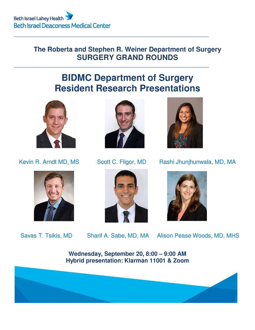 BIDMCSurgery's tweet photo. For Surgical Grand Rounds on Wednesday, 9/20, we will be joined by our residents for Research Presentations. 

@ScottFligor @rashijjw @SavasTsikis @allisonwood @AlisonMPease21 @kevinarndt

To virtually join, email surgedu@bidmc.harvard.edu for more details.

#BIDMC #Grandround https://t.co/e5X8w2Em6f