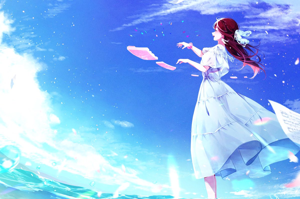 sakurauchi riko 1girl dress white dress long hair solo sky cloud  illustration images