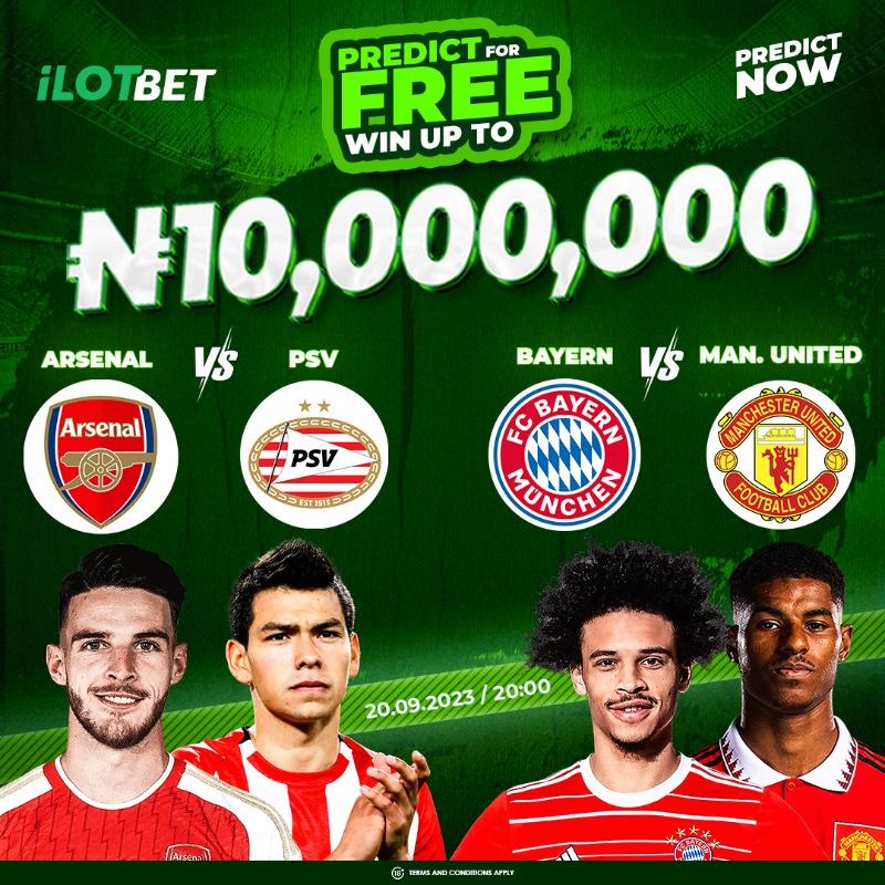 iLotNG_Official's tweet photo. Win ₦10,000,000💰 on
#BAYERN 🆚 #MANUNITED By Predicting the Correct Scores of Above Match &amp; 3 other Matches for Free⚽
👇🏼
➡Click‣ https://t.co/qMv6xb24Lw
👆🏼
Register &amp; Pick Matches 1st half &amp; Final Scores

#Herewego #bettingtips #Fixed #Arsenal #Gistlover #BBNaija #iLotBet