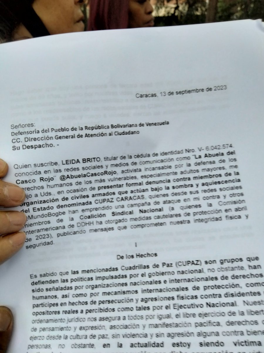 PROVEA: Manifestantes se agrupan frente a la Defensoría del Pueblo de Caracas para consignar un escrito exigiendo investigación ante amenazas de civiles armados y grupos paramilitares contra la 'Abuela del casco rojo'.