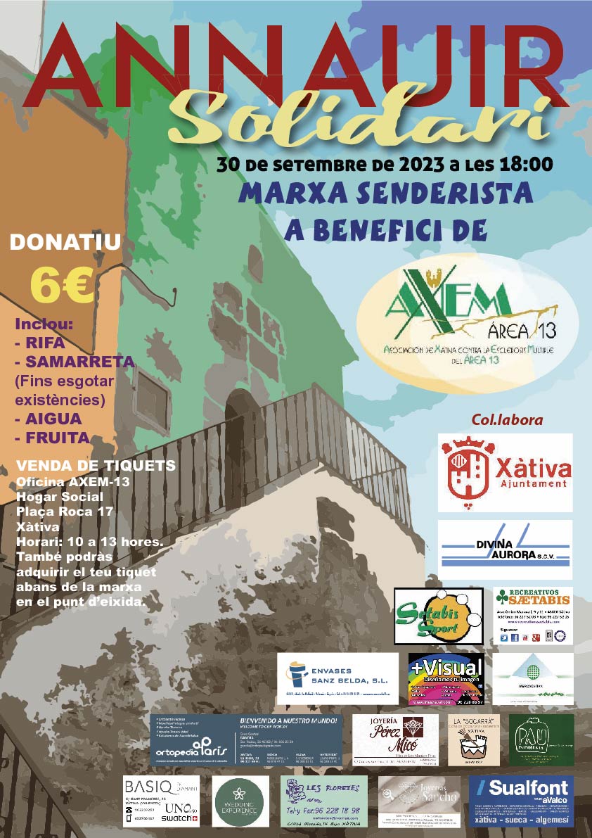 Vos presentem el Cartell de la Marxa Senderista <a href="/annauirsolidari/">Annauirsolidari</a>  2023, a benefici d' <a href="/AXEM13/">AXEM13</a>  Associació de Malalts d'Esclerosi Multiple.
En uns dies vos informarem com aconseguir el vostre dorsal de participació.
DISSABTE 30 DE SETEMBRE DE 2023 A LES 18 H en <a href="/AnnauirTurinfo/">Annauir Turistinfo</a>