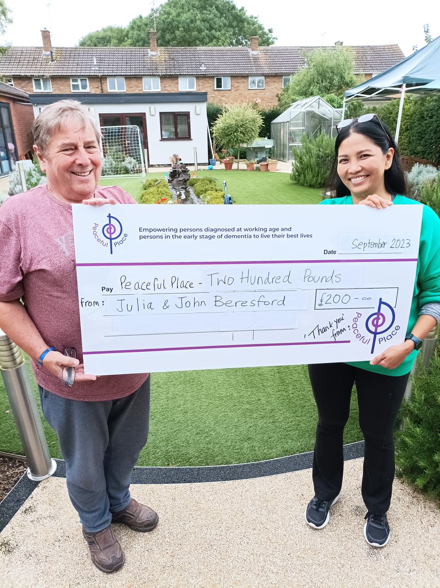 Peaceful Place are so grateful to folk who give their time raising funds for our work.
Julia Beresford and Husband John raised £200 very recently which is just fantastic ! Pictured below for the Peaceful Place BIG CHEQUE presentation is John, along with Maya, our Service Manager.