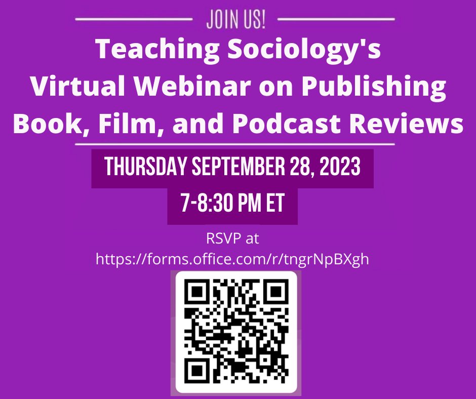 Teaching Sociology (@teaching_soc) on Twitter photo 📅 Mark your calendars! Our September webinar is all about writing reviews. Join us Thursday, September 28, at 7pm ET to learn more about publishing book, film, and podcast reviews in Teaching Sociology. RSVP here: forms.office.com/r/tngrNpBXgh #SoTL <a href="/ASAnews/">ASA Sociology</a> <a href="/AsaTeaching/">ASA Teaching and Learning</a> <a href="/ASATrails/">TRAILS</a> 📅 Mark your calendars! Our September webinar is all about writing reviews. Join us Thursday, September 28, at 7pm ET to learn more about publishing book, film, and podcast reviews in Teaching Sociology. RSVP here: forms.office.com/r/tngrNpBXgh #SoTL <a href="/ASAnews/">ASA Sociology</a> <a href="/AsaTeaching/">ASA Teaching and Learning</a> <a href="/ASATrails/">TRAILS</a>
