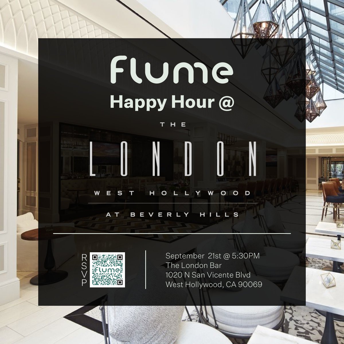 Announcement! Flume Internet is hosting a happy hour after the LA <a href="/trdny/">The Real Deal</a> Conference on Thursday, September 21st, at the London Bar located inside the London West Hollywood (the conference's venue)!

Drinks on us; swing by to meet the team and other industry folks. RSVP below!
