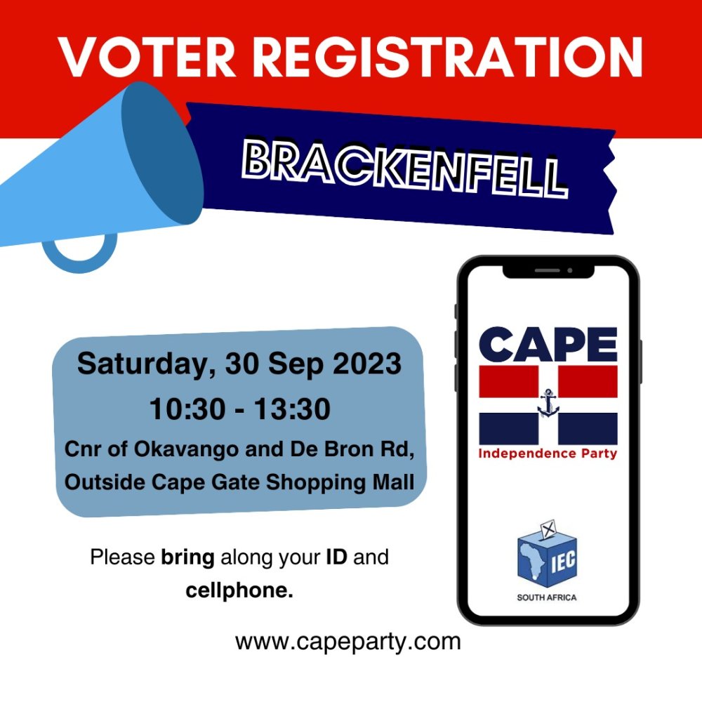 capexitparty's tweet photo. #CAPEXITParty's next #Elections2024 voter registration drive coming up Sat 30 Sept (Brackenfell). We need supporters & volunteers to avail themselves to assist voters at the event and to register attendance here:
https://t.co/1opFY0VF7J and SHARE on your social media https://t.co/aYWwt8XVb5