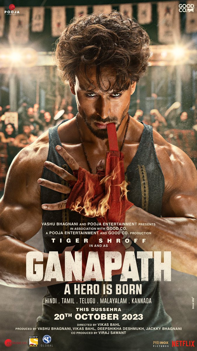 CinemaniaIndia's tweet photo. First look at #TigerShroff in pan-India film #Ganapath, directed by #VikasBahl, also starring #AmitabhBachchan and #KritiSanon. Releasing on 20 October (Dussehra weekend) in Hindi, Tamil, Telugu, Malayalam and Kannada.
#GanapathFirstLook https://t.co/HBGd4z66gI