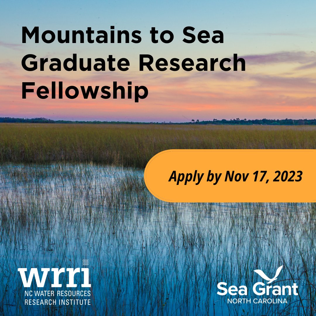 NC_WRRI's tweet photo. #NCWRRI and @SeaGrantNC are now accepting applications for the Mountains to Sea graduate student research fellowship! Open to NC graduate students to conduct research on coastal or freshwater resources issues in North Carolina. Apply by Nov 17! Learn more: https://t.co/YgVPL5o7oO https://t.co/4WlFAgk35n