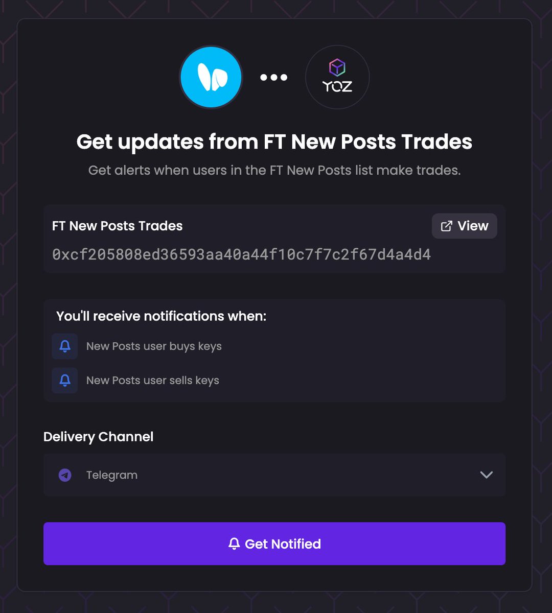 yozlabs's tweet photo. NEW: Telegram Alerts for @friendtech New Posts Trades are LIVE! 🚀

Catch the FT new posts trading action as it happens. Get notified when a New Posts user buys or sells keys. 

Free edge. Subscribe now:

👉 https://t.co/NLaU1R7ZW3