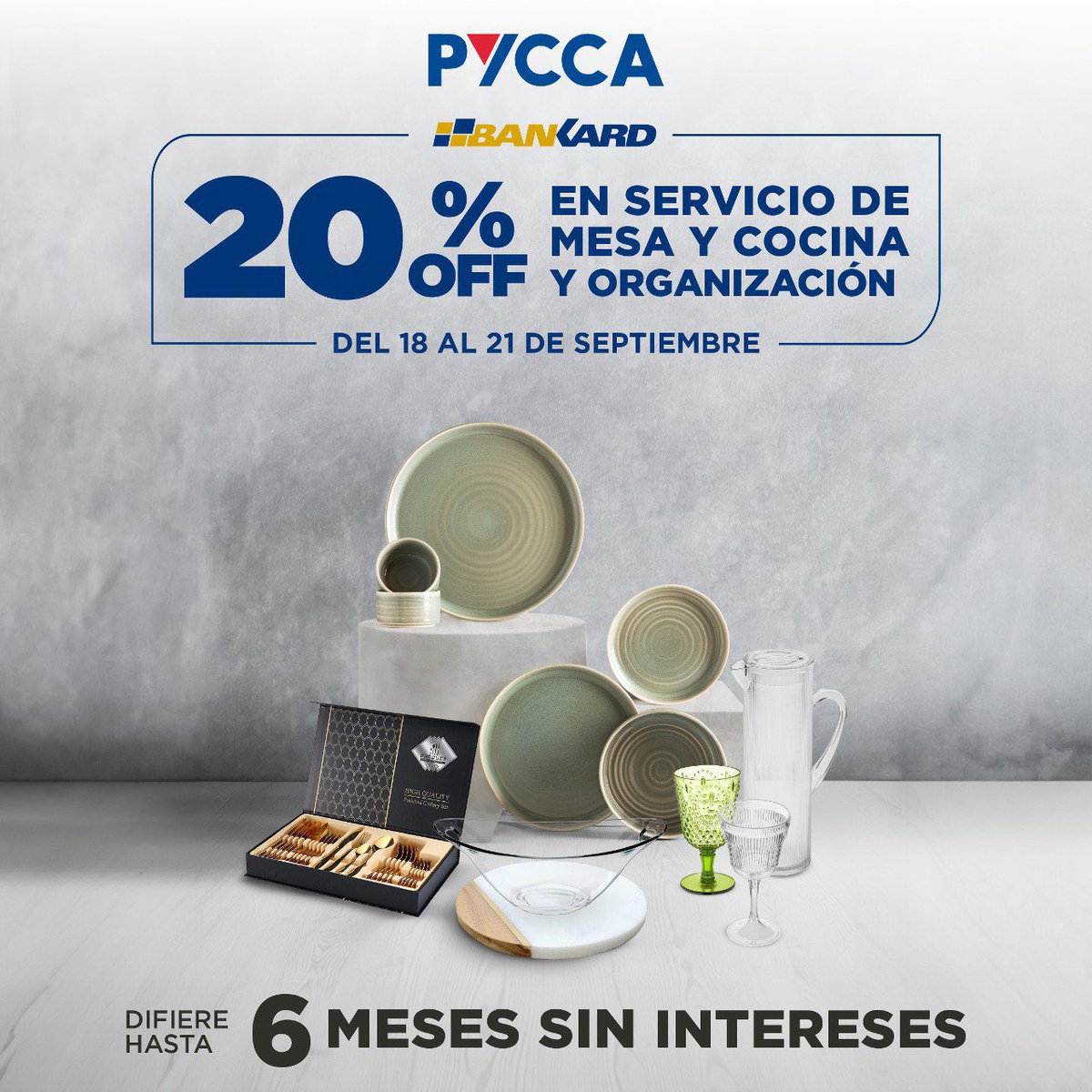 AlmacenesPycca's tweet photo. ¡20% OFF en SERVICIO DE MESA, COCINA Y ORGANIZACIÓN con Bankard!

Como buen #PyccaFan renueva tu hogar junto a Pycca y Bankard

¿Qué esperas? 👀 Visítanos del 18 al 21 de septiembre en nuestras tiendas a nivel nacional o compra también en https://t.co/JXIAdjxstN 🛍 https://t.co/QmPnHArtZ9