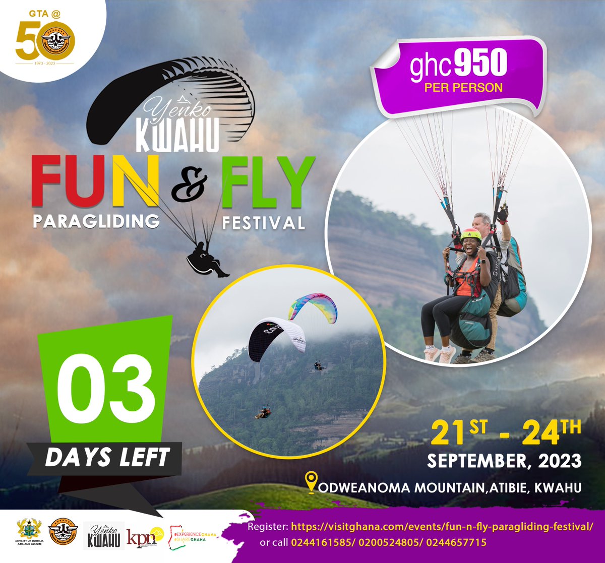 ghanatourismGTA's tweet photo. Haven't registered yet????
Join us at the Fun & Fly Paragliding Festival and make it a weekend to remember. ππͺ
Register Now: https://t.co/UfKMw86FHT
Limited seats are available! Register Now: https://t.co/UfKMw86FHT
#You2CanFly #FunNFlyParaglidingFestival #GhanaParagliding https://t.co/kJC9mL0rPP