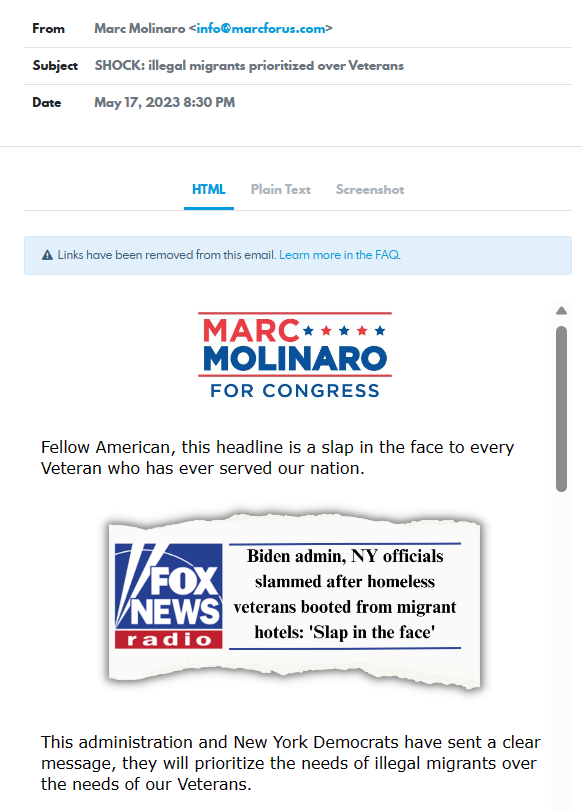 VestColin's tweet photo. @marcmolinaro Here's another fake immigration story that he promoted *and* tried to raise MAGA money on. If you believe anything from #DarcMarc, ya get what ya get. https://t.co/kKNz5QMP4x