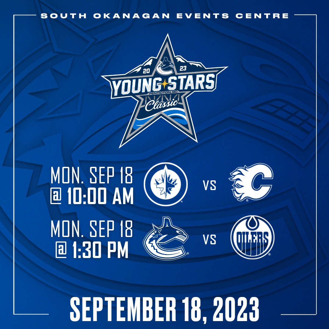 It's the LAST DAY of the 2023 Vancouver Canucks Young Stars Classic ⭐ Don't miss your favourite teams go head to head for two final games today at the SOEC! Tickets are available in person and online at bit.ly/YoungStars23 🎫 #canucks #youngstars #nhl #penticton #soec