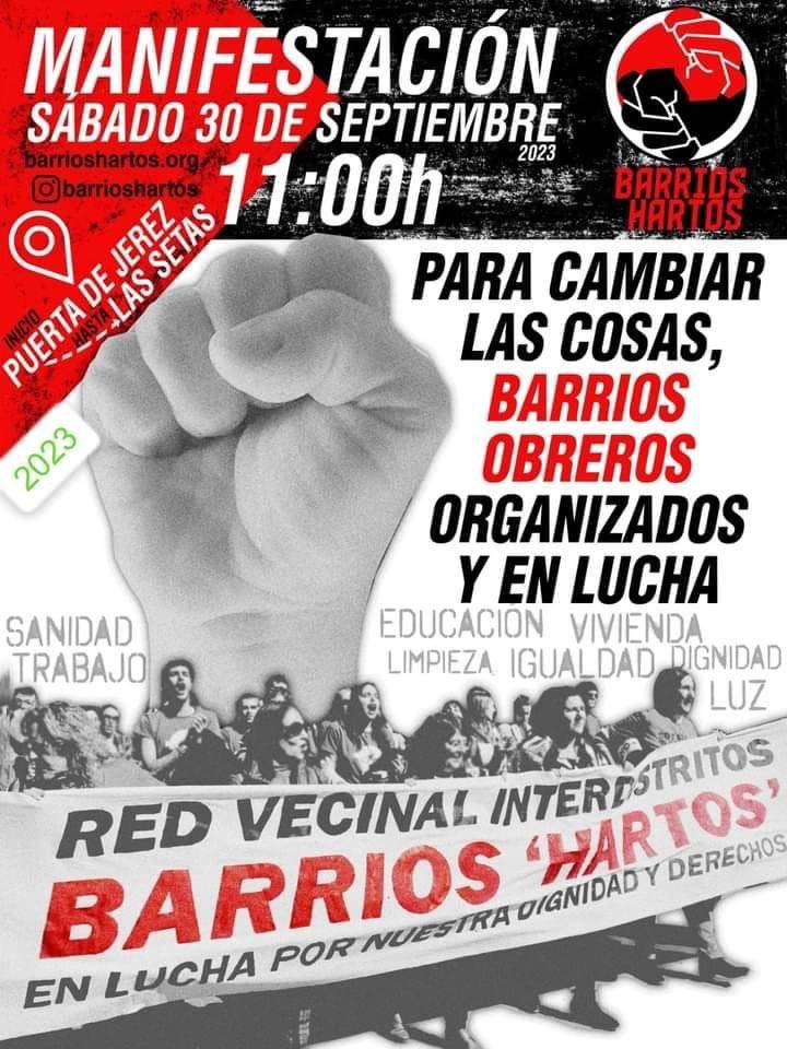 Desde la ODS de Sevilla apoyamos y hacemos nuestras las reivindicaciones de <a href="/interdistritos/">Plataforma Interdistritos Barrios Hartos</a> y asistiremos a la manifestación el próximo Sábado 30 de Septiembre.
¡Acude y difunde!