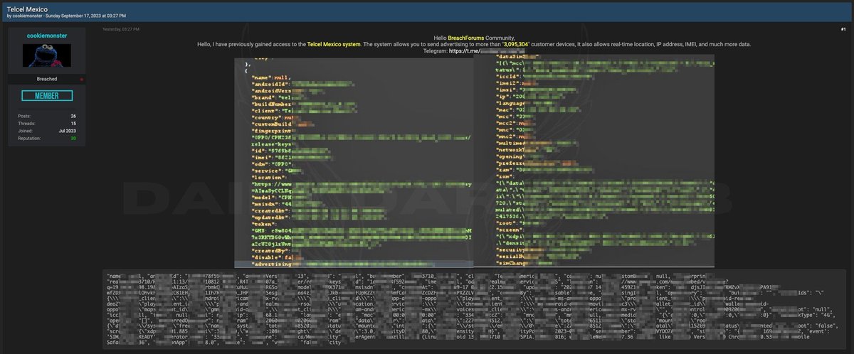 #Mexico 🇲🇽 - Allegedly, Unauthorized access to Telcel is on sale

Threat actor claims to be able to send advertisements to more than 3,095,304 customer devices.

#DarkWeb #access